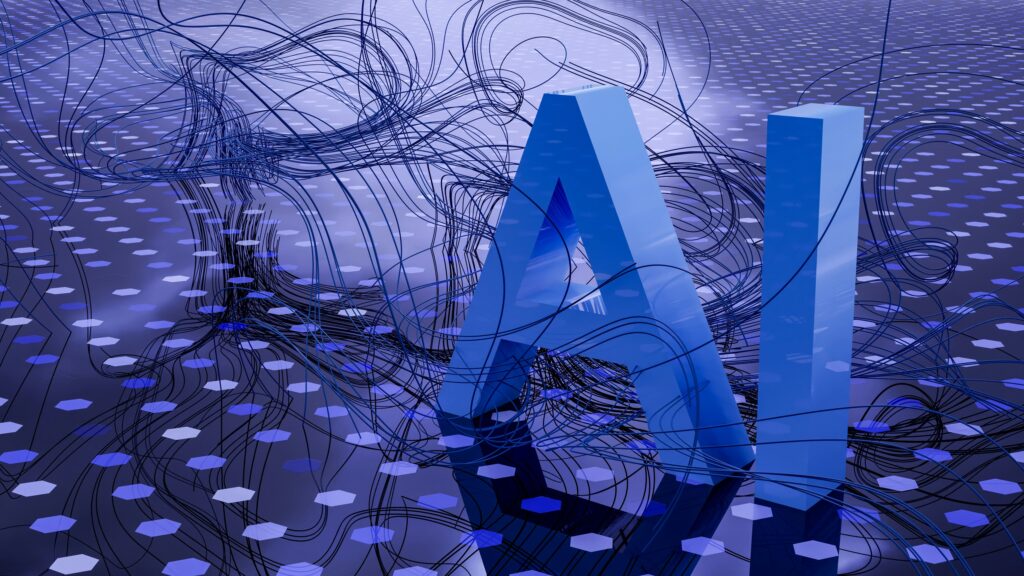 Abstrakcyjna grafika przedstawiajÄ…ca litery 'AI' na tle splecionych linii i cyfrowych elementÃ³w, symbolizujÄ…cych zÅ‚oÅ¼onoÅ›Ä‡ i zaawansowanie sztucznej inteligencji w Å›rodowisku pracy. Sztuczna inteligencja w biznesie